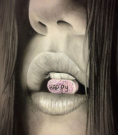 a drawing of a woman's lips with the word happy written on it in front of her lip