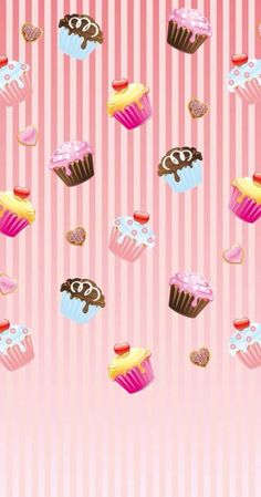 a pink and white striped background with many different cupcakes on the bottom right corner