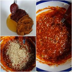 four different pictures of sauces and seasonings on a white plate with blue trim