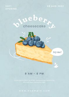 a blueberry cheesecake advertisement on a light blue background