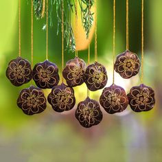 a group of brown ornaments hanging from a string on a tree branch with green leaves in the background