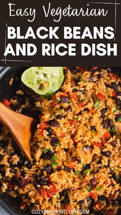 an easy vegetarian black beans and rice dish in a skillet with a wooden spoon