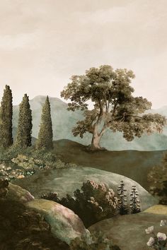 a painting with trees and flowers in the foreground, on a hill above it