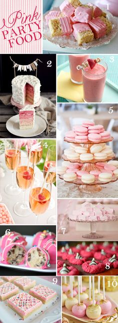 a collage of different desserts and pastries with pink frosting on them