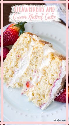 a slice of strawberry cake on a plate with strawberries