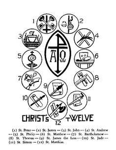 the church's twelve symbols are depicted in this black and white drawing, which is also