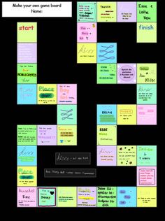 a board game with lots of different types of words on it, including letters and numbers