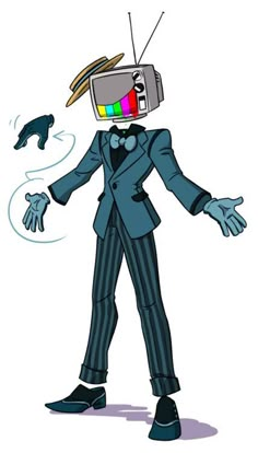 a man in a suit and hat with an old tv on his head