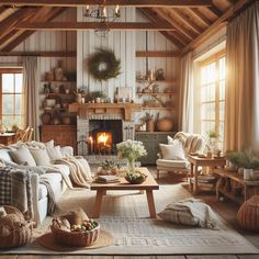 a living room filled with furniture and a fire place in the middle of a room