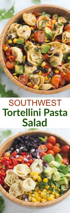 two bowls filled with tortellini pasta salad and the words southwest tortellini pasta salad