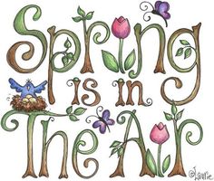 the words spring is in the air written with flowers and birds on top of it