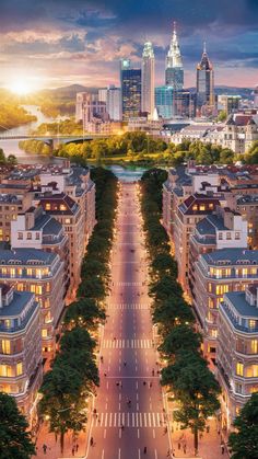 an aerial view of a city with tall buildings and trees in the foreground, at dusk