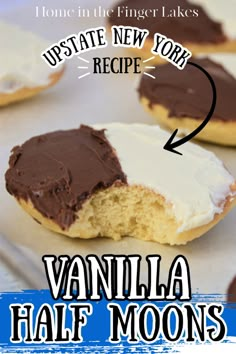 vanilla half moon cookies with chocolate frosting on top and the words, ultimate new york recipe