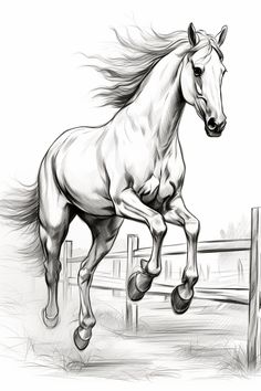 a drawing of a horse jumping over a fence with its front legs in the air