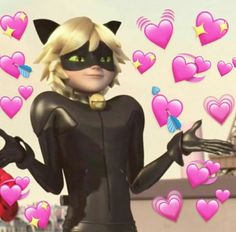 an animated catwoman is surrounded by pink hearts and other objects in the background,