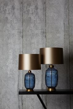 two blue vases sitting on top of a shelf next to each other under a lamp