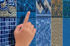 the hand is pointing at different types of mosaic tiles and wallpapers in various colors