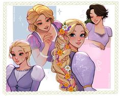 some princesses with long blonde hair and flowers in their hair, one is wearing a tiara