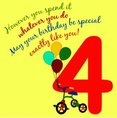 a birthday card with the number four on it and balloons in the shape of a bike