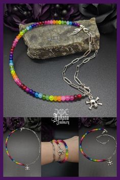 Rainbow Anklet, Rainbow Goth, Rainbow Skull, Rainbow Choker, Rainbow Necklace, Rainbow Bracelet, Skull Jewelry, Chain Jewelry