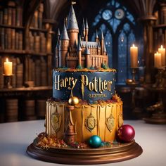 a harry potter birthday cake with hogwart's castle on top and ornaments around it