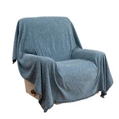 a blue chair covered in a blanket on top of it's armrests