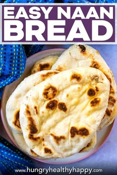 homemade easy naan bread on a plate with text overlay