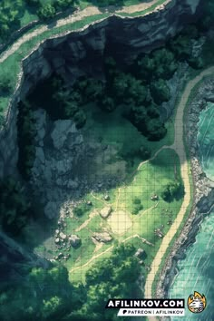 an aerial view of a lush green field next to the ocean with trees on both sides