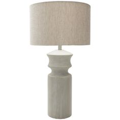 a white table lamp with a beige shade on the base and a light grey fabric shade on the top