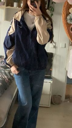 Blue Nike Jacket Outfit, Nike Cav Empt Jacket, Nike Rain Jacket Outfit, Kpop Fashion Outfits Women, Women's Wide Leg Jeans Outfit, Y2k Windbreaker Outfit, Aesthetic Windbreaker Outfit, Sports Jacket Aesthetic, Windbreaker Jacket Outfit Aesthetic