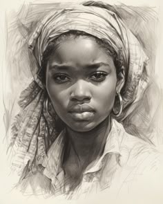 a black and white drawing of a woman wearing a headscarf