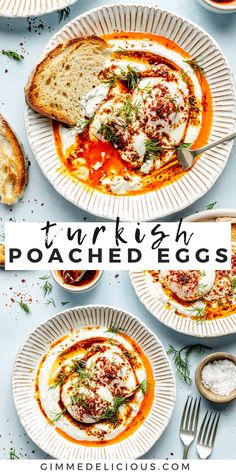 two plates with food on them and the words turkish poached eggs above it