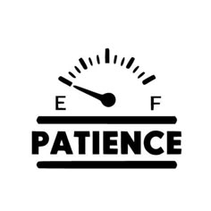 the word patient written in black on a white background with a speedometer and needle