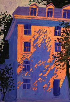 a painting of a blue building with trees in front of it and the sun shining through the windows