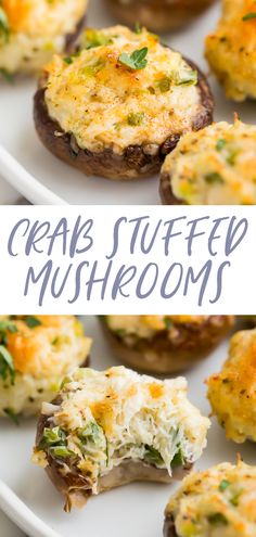 some stuffed mushrooms are on a plate with the words crab stuffed mushrooms above it and below