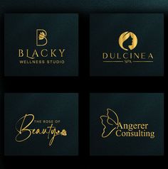 four business cards with gold foil lettering on black paper, including the logo for an angel consulting