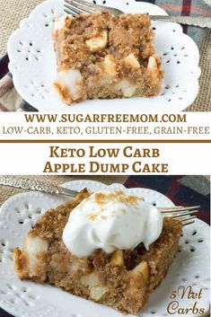 two plates with different types of desserts on them and the words low carb keto low carb apple dump cake