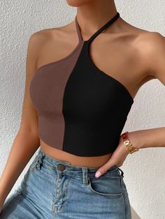 Multicolorido Casual Collar  Tecido Bloco de cores Halter Embellished Elasticidade Média  Tops, blusas & camisetas para Mulheres Classy Blouses, Fashion Design Collection, Fashion Top Outfits, Top Halter, Halter Crop Top, Halter Top, Designer Dresses, Lingerie, Top Outfits