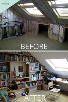 before and after pictures of an attic bedroom remodel with bookshelves in the loft