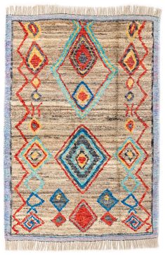 an old rug with various colors and patterns