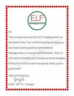 an elf's letter to santa is shown in red and green with the word elf on it