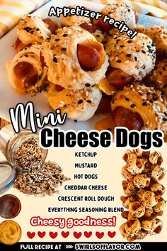 an advertisement for mini cheese dogs on a plate