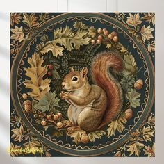 a painting of a squirrel surrounded by leaves and acorns