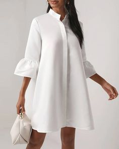 Solid color stand collar bell sleeve dress casual dresses spring summer Sukienki Plus Size, Flare Sleeve Dress, Evening Dresses Short, Cotton Blends Dress, Dress Shirt Sleeves, Solid Color Dress, Plus Size Kleidung, Bell Sleeve Dress, Loose Dress