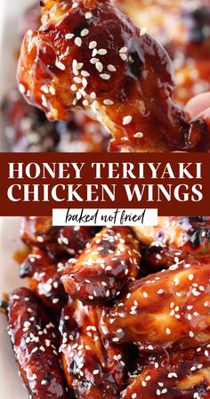 honey teriyaki chicken wings with sesame seeds on top and in the background text reads honey teriyaki chicken wings baked off fried