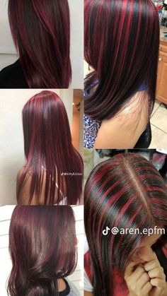 in love Black W Red Highlights, Red Skunk Hair Brown, Colours To Dye Dark Brown Hair, Chunk Red Highlights, Chunky Highlights Burgundy, Red N Brown Hair, 90s Skunk Hair, How To Do Red Highlights At Home, Hairdye Ideas Long Hair