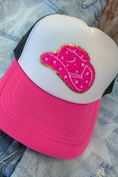 This stylish Cowboy Hat Western Trucker Hat is the perfect accessory to make a statement! With its pink and black western design, it adds the perfect touch of fun and flair to any outfit. It's comfortable to wear for any occasion, whether you're having a night out or out in the sun on a sunny day! Adjustable snap-back. Trendy Snapback Hat For Country Events, Trendy Baseball Cap For Country Events, Trendy Cap For Western-themed Events, Trendy Pink Party Hat, Western Style Summer Snapback Hat, Western Style Snapback Hat For Summer, Trendy Spring Hats For Western-themed Events, Trendy Trucker Hat With Curved Brim For Country Events, Western Style Snapback Hat For Summer Rodeo