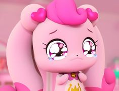 an animated pinkie doll with big eyes and large ears, holding her hand up to her face