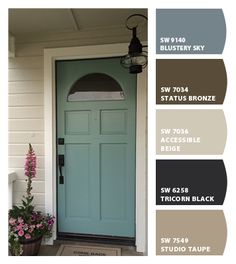 a blue front door with the words paint colors on it and an image of flowers