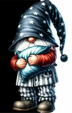 a painting of a gnome holding a pillow in his arms and wearing an american flag hat